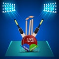 Cricket tounament match with cricket equipment and stadium background Royalty Free Stock Photo