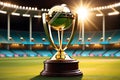 Cricket World Cup Trophy Gleaming Under Stadium Lights: Centered Shadow Casting on a Well-Tended Pitch