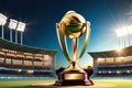 Cricket World Cup Trophy Gleaming Under Stadium Lights: Centered Shadow Casting on a Well-Tended Pitch
