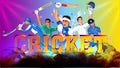 Cricketers in playing action with 3d text cricket. Royalty Free Stock Photo