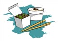 Crickets insects for eating as food deep-fried crispy snack and chopstick in paper box for take out home. It is good source of
