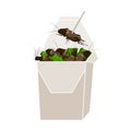 Crickets insects for eating as food deep-fried crispy snack and skewer in paper box for take out home. It is good source of