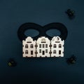 Crime in the city concept, black criminal mask,