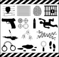 Crime icon set. Murder symbol collection. Criminal illustrations isolated on white background. Contains murderer investigation,