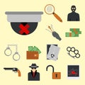 Crime icons protection law justice sign security police gun offence felony transgression flat vector illustration