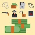 Crime icons protection law justice sign security police gun offence felony transgression flat vector illustration