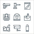 crime line icons. linear set. quality vector line set such as bullet, cctv, money laundering, phishing, balaclava, mug shot,