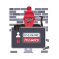 Crime with Man Criminal in Balaclava with Crowbar Breaking Password on Computer Vector Illustration