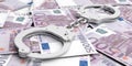 Crime and money. Handcuffs on euro banknotes. 3d illustration Royalty Free Stock Photo