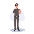 Crime Prevention and Safety Concept. Thai Police Officer in Uniform is Bowling Whistle and doing Stop Hand Sign