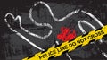 Crime scene background with police yellow tape and dead body with blood. Vector illustration of criminal mystery murder