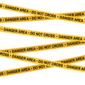 Crime scene danger area yellow tape, police line Do Not Cross tape. Cartoon flat-style illustration White background Royalty Free Stock Photo