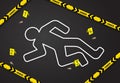 Crime scene, do not cross police tape. Chalk outline from the murder Royalty Free Stock Photo