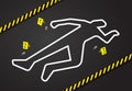 Crime scene, do not cross police tape. Chalk outline from the murder Royalty Free Stock Photo