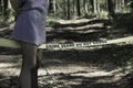 Crime Scene Do Not Cross. Woman in the woods Royalty Free Stock Photo