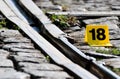 Crime Scene Evidence Marker Near to Rails Royalty Free Stock Photo