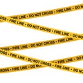 Crime scene Fire line yellow tape, police line Do Not Cross tape. Cartoon flat-style illustration White background. Royalty Free Stock Photo