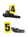 Crime scene investigation. Evidence identification markers and guns on white background Royalty Free Stock Photo