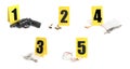 Crime scene investigation. Set of evidence identification markers and clues on white background Royalty Free Stock Photo