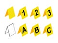 Crime scene markers design. Plastic yellow  investigation label icon set with letter A, B, C and number 1,2,3. Contains also empty Royalty Free Stock Photo