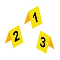 Crime scene markers icon. Yellow plastic investigation label design set with number one, two, three. Criminalistic vector