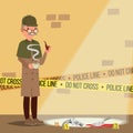 Crime Scene Vector. Detective At Crime Scene. Flat Cartoon Illustration Royalty Free Stock Photo