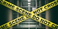 Crime scene. Warning yellow tape, text do not cross, dark blur prison background. 3d illustration Royalty Free Stock Photo