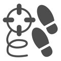 Crime steps solid icon. Footprint and crime search, killer tracks and bullet trace. Jurisprudence design concept, glyph