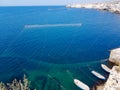 Crimea, Cape Tarkhankut. Fishing nets at sea. Cliff view, Black Sea