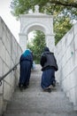 Crimea, Inkerman, 14.09.2019: Orthodox women pilgrims in the monastery of St. Clement in Crimea