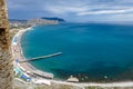 Crimea - May 2021. A line of beaches in the city of Sudak. View from the Genoese fortress on the Sudak Bay. Sudak. Royalty Free Stock Photo
