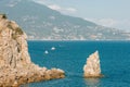 Crimea. Rock Sail in the sea on the background of the southern coast on a sunny day