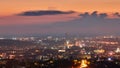 Crimea. Simferopol from a bird`s-eye view in the rays of the setting sun. The city is in the backlight.