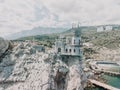 Crimea Swallow's Nest Castle on the rock over the Black Sea. It is a tourist attraction of Crimea. Amazing aerial Royalty Free Stock Photo