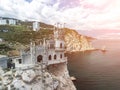 Crimea Swallow's Nest Castle on the rock over the Black Sea. It is a tourist attraction of Crimea. Amazing aerial Royalty Free Stock Photo