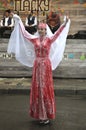 Crimean tartar girls dancers in a native costumes performing national dance. Celebrating of Hidirellez