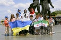 Crimean Tartar and Ukrainian children boys girls in national embroidered shirts standing on the street singing Ukraine Royalty Free Stock Photo