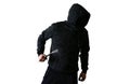 Criminal with crowbar isolated on white background. Robber in dark hoodie