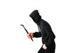 Criminal with crowbar isolated on white background. Robber in dark hoodie