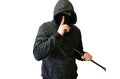 Criminal with crowbar isolated on white background. Robber in dark hoodie