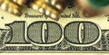 Criminal and dirty money concept, corruption banner, US one hundred bill and bullet closeup photo Royalty Free Stock Photo
