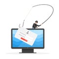 Criminal with fishing hook stealing password on computer