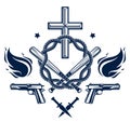 Criminal gangster dramatic emblem or logo with Christian Cross symbolizing death, weapons and different design elements, vector