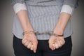 Criminal hands locked in handcuffs. Close-up view Royalty Free Stock Photo