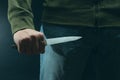 A criminal with a knife weapon threatens to kill. Criminality, crime, robbery thug