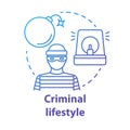Criminal lifestyle blue concept icon. Committing crime idea thin line illustration. Terrorist with bomb. Robber