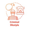 Criminal lifestyle red concept icon. Committing crime idea thin line illustration. Terrorist with bomb. Robber