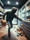 criminal looter rob vandalize retail shop , steal merchandise. graffiti activism paint and break all