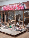 criminal looter rob vandalize retail shop , steal merchandise. graffiti activism paint and break all Royalty Free Stock Photo