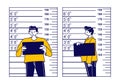 Criminal Male Character Stand on Measuring Scale Background with Mug Shot Plate in Hands in Police Station